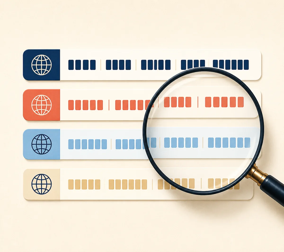 Editorial illustration of abstract synthetic IBAN strips being compared with a magnifying glass