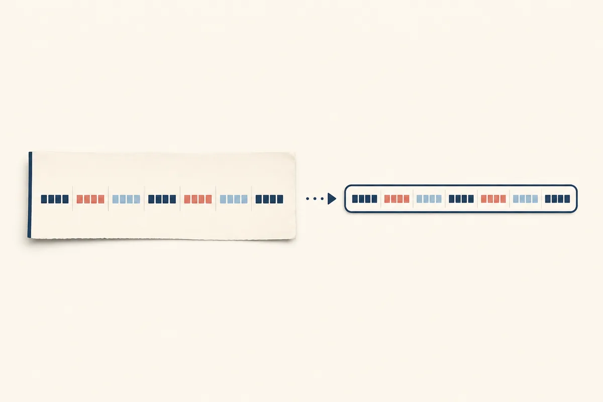 Editorial illustration comparing a spaced printed IBAN strip with a compact electronic strip