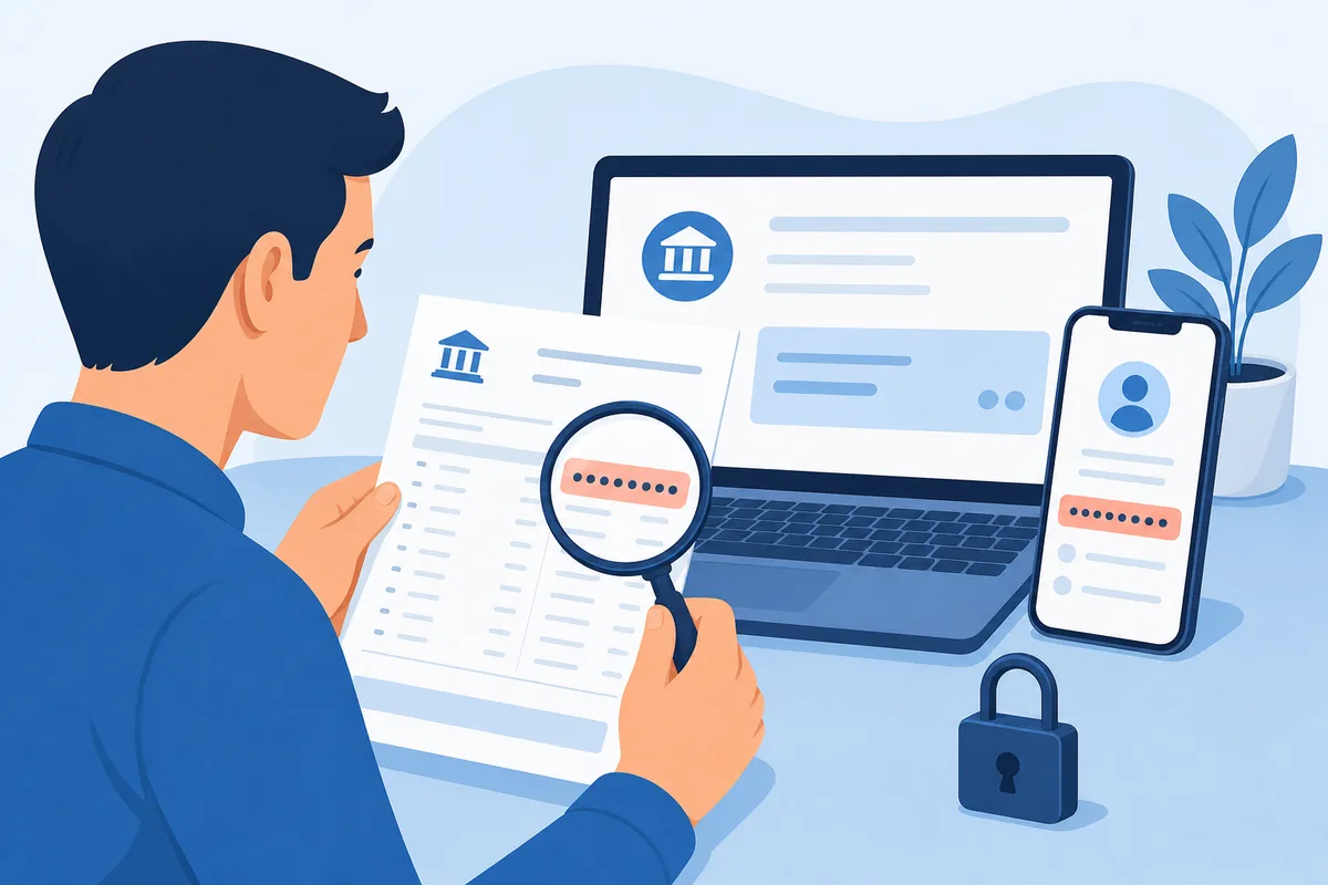 Editorial illustration of a person locating an IBAN on a statement, laptop, and mobile banking screen