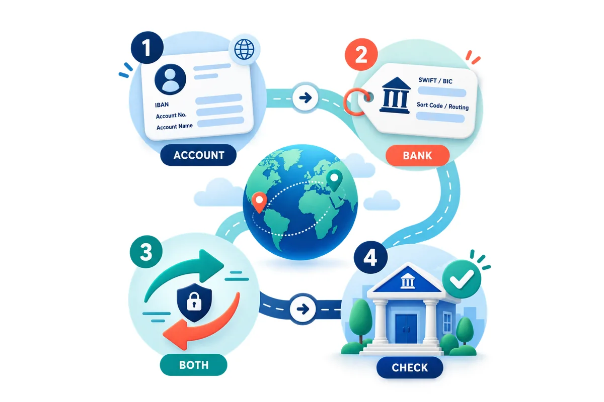 Checklist editoriale in quattro passaggi con conto, banca, entrambi gli identificativi e conferma finale