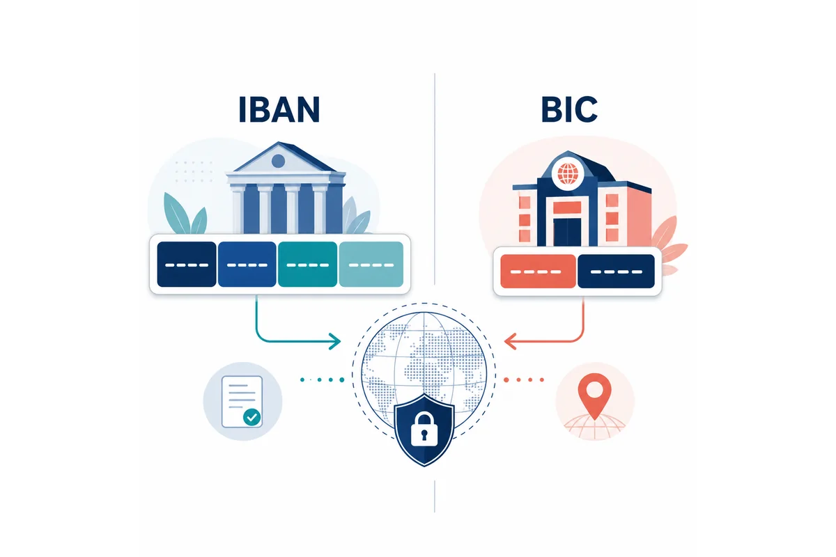 Illustrazione editoriale che confronta l'identificativo di conto IBAN con l'identificativo bancario BIC
